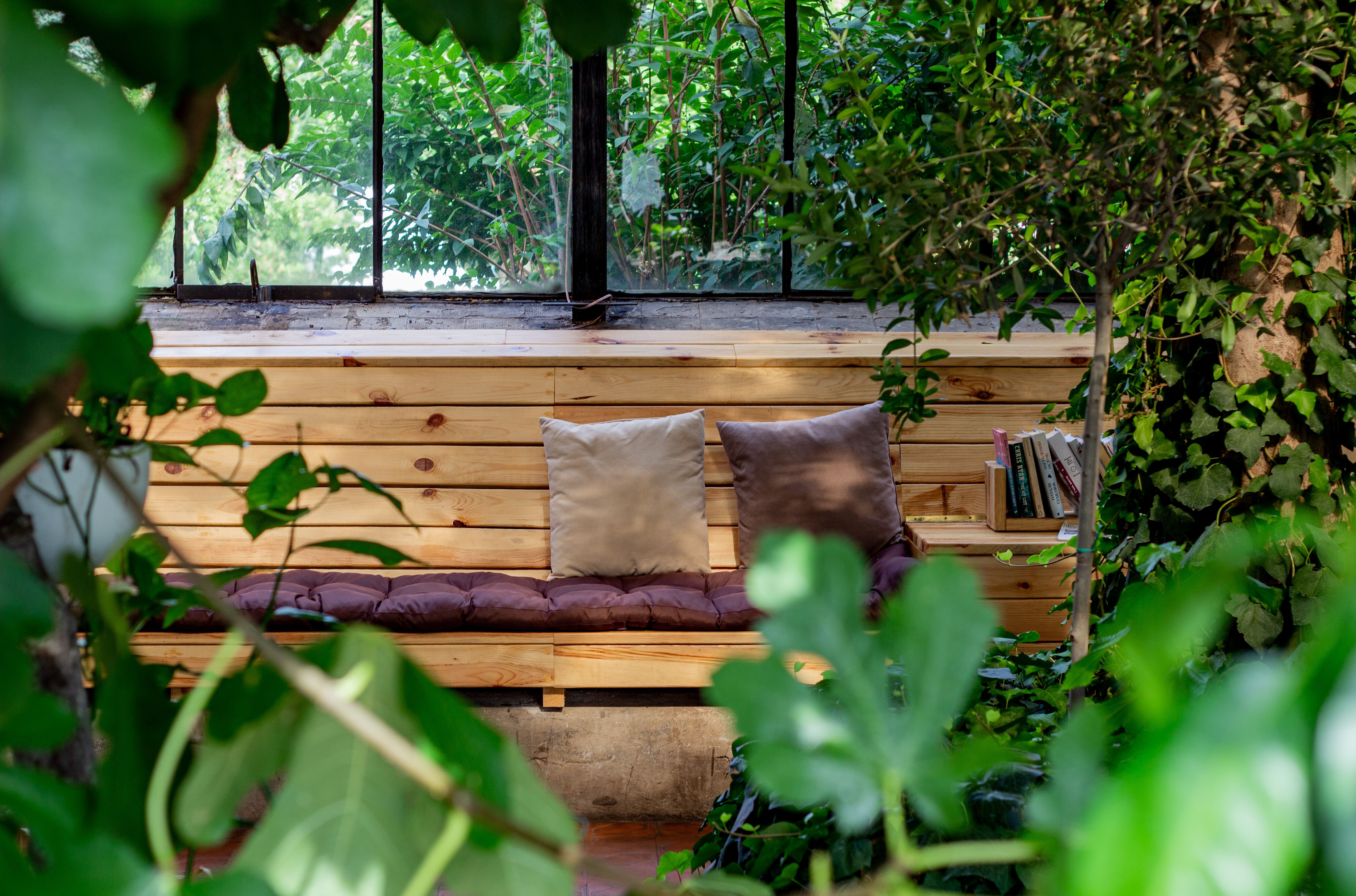 Cozy wooden bench with cushions surrounded by lush greenery